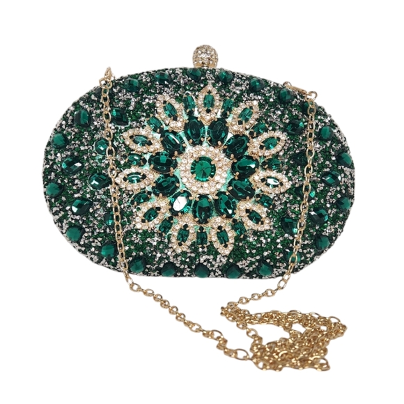 Rhinestone Bejeweled Evening Clutch/Crossbody Bag in Green - Picture 4 of 10